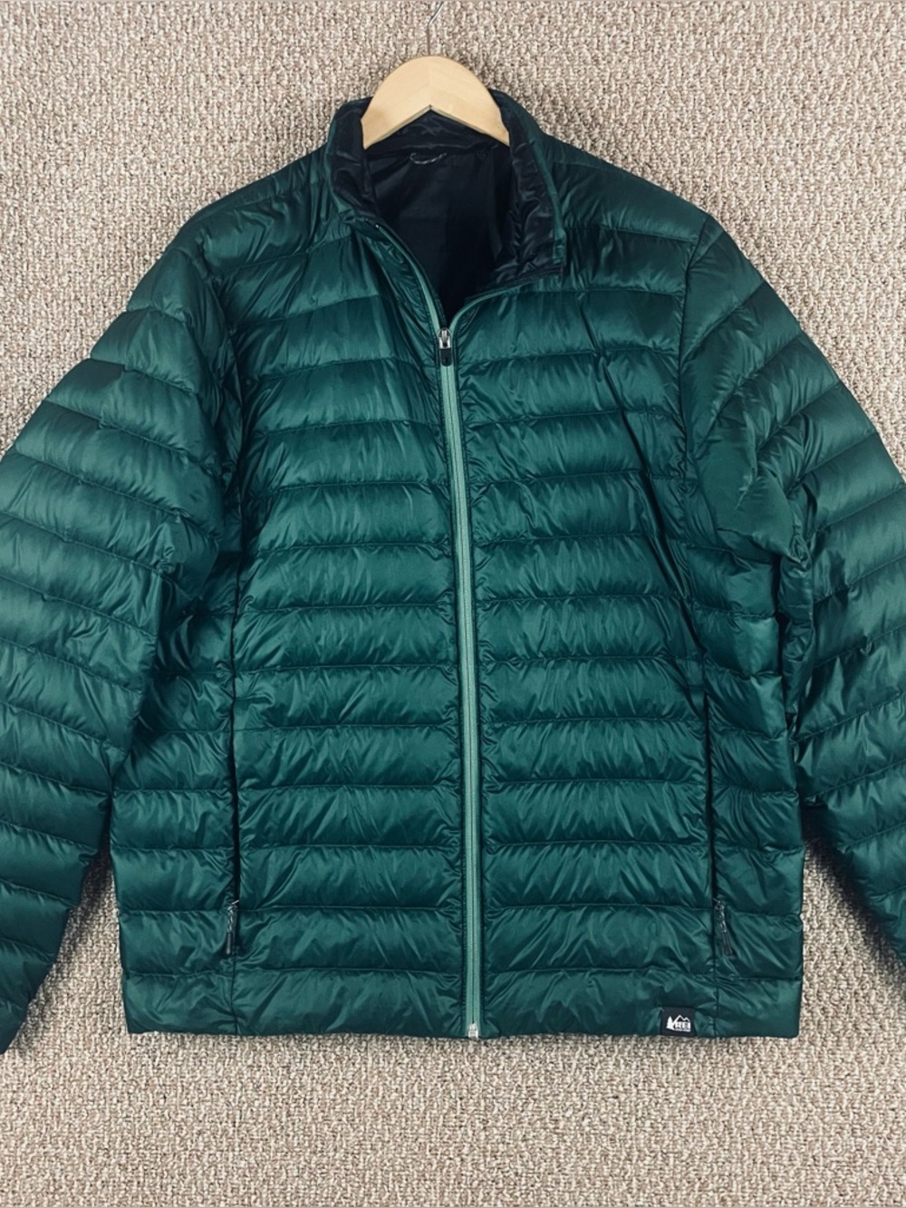 REI Down Sweater Puffer Jacket Men’s L/XL Green 650 Fill Insulated Quilted Coat